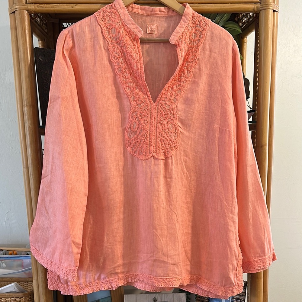 120% Lino Peach Embroidered and Lace‎ Tunic Blouse